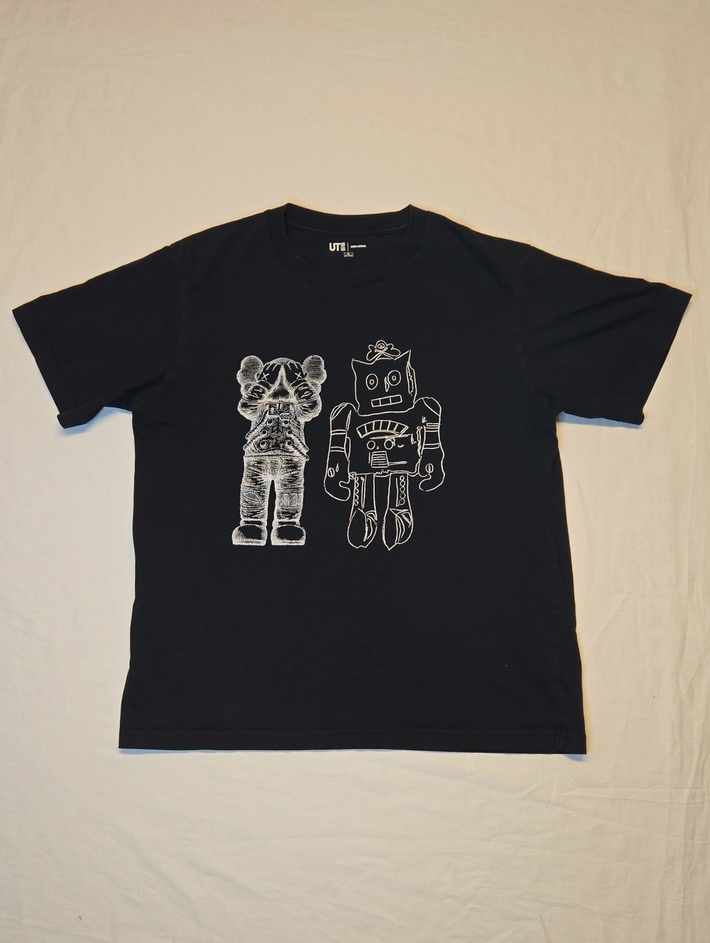 Uniqlo x Kaws Andy Warhol Black T-Shirt with White Robot & Kaws Bear Graphic